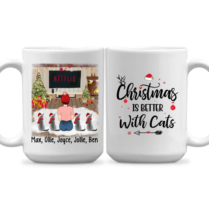 Personalized Mug, Christmas Girl And Cats, Gift For Cat Lovers