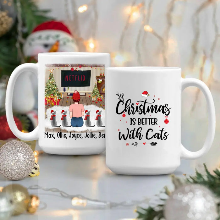 Personalized Mug, Christmas Girl And Cats, Gift For Cat Lovers