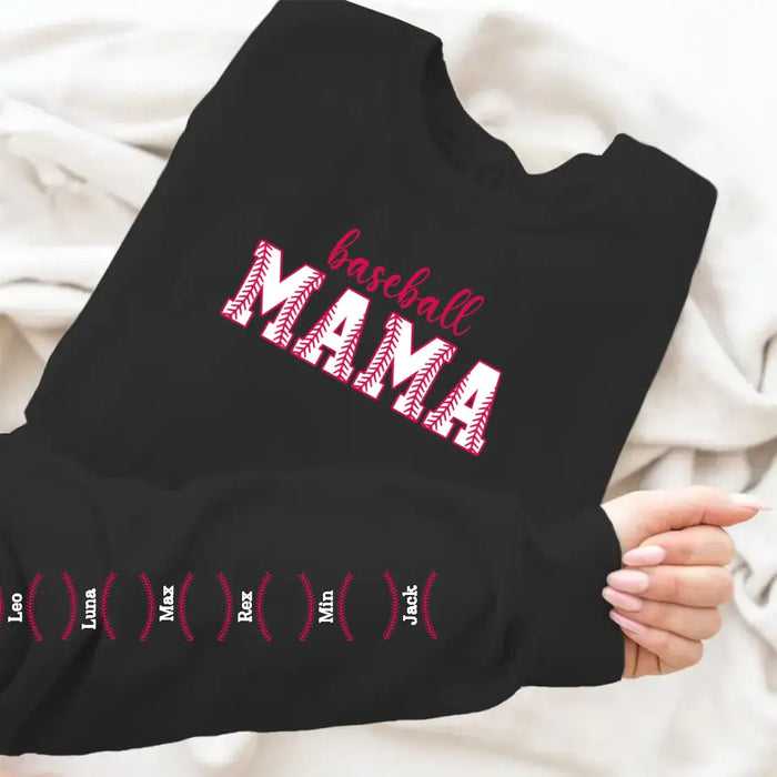 Baseball Mama with Kid Names on Sleeve - Personalized Gifts Custom Sweatshirt for Mom, Baseball Lovers, Mother's Gift