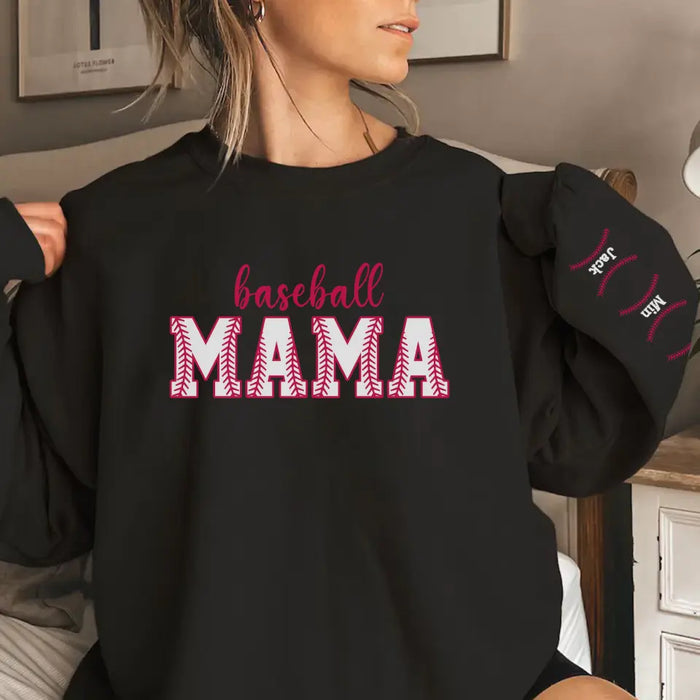 Baseball Mama with Kid Names on Sleeve - Personalized Gifts Custom Sweatshirt for Mom, Baseball Lovers, Mother's Gift