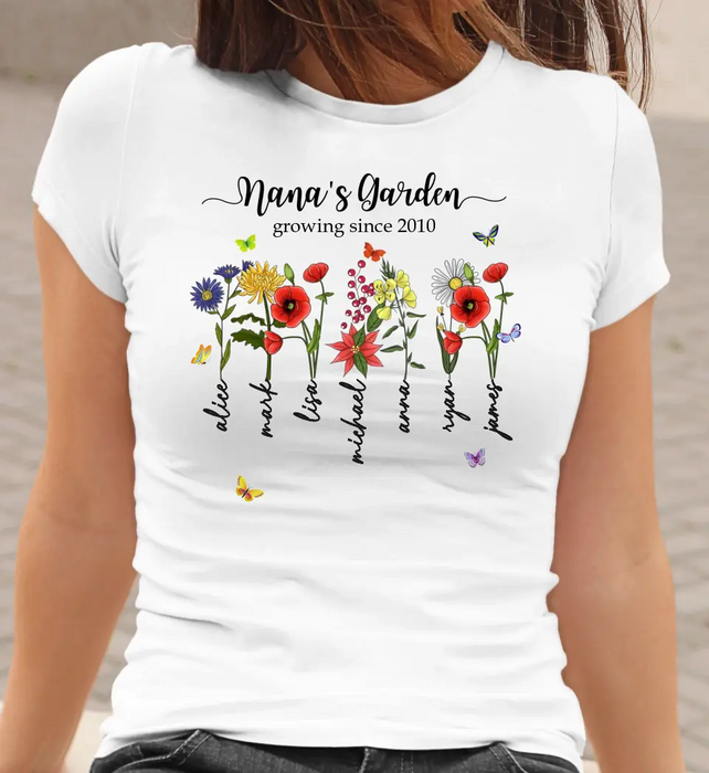 Custom Nana's Garden Growing Since Shirt, Birth Month Flower Shirt, Grandma's Garden, Mothers Day Gift, Custom Mom Tee, Custom Kids Name Shirt