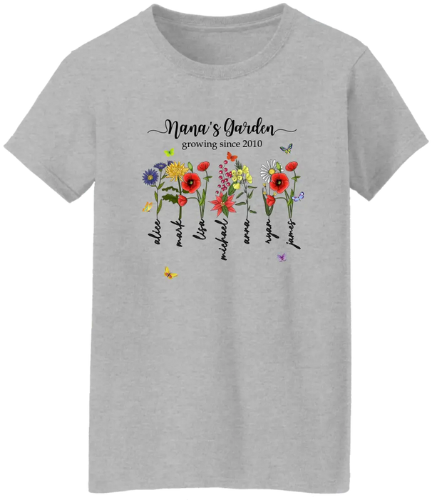 Custom Nana's Garden Growing Since Shirt, Birth Month Flower Shirt, Grandma's Garden, Mothers Day Gift, Custom Mom Tee, Custom Kids Name Shirt