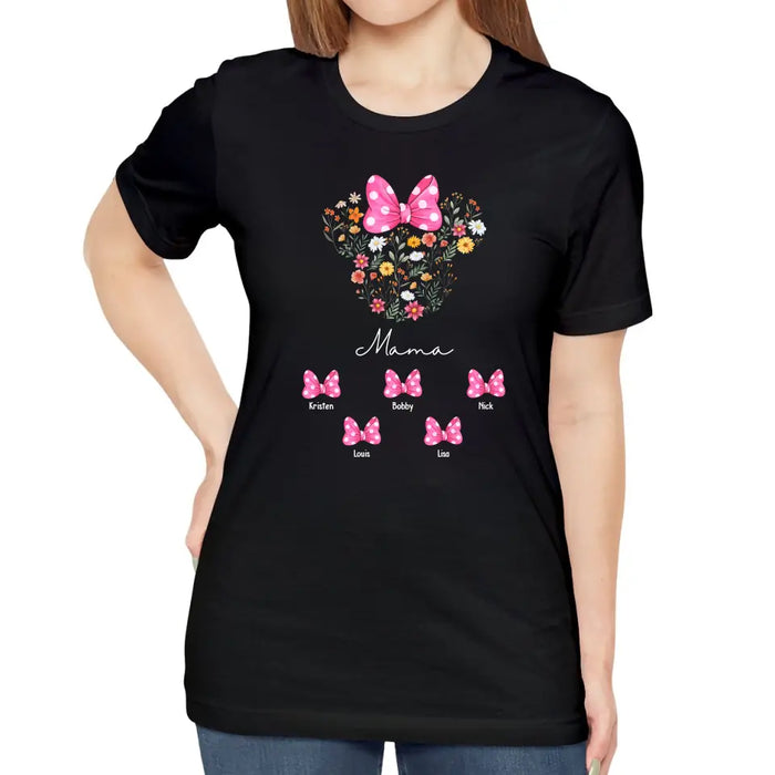 Mouse Ears Mama Flower - Personalized Mothers Day Shirts with Kids Name Shirt, Unique Gift for Mom