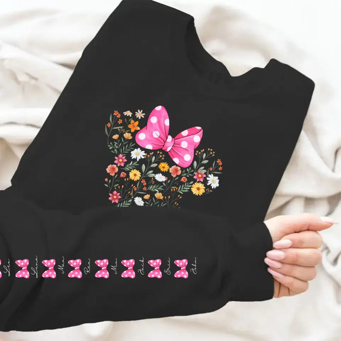 DN Mouse Mama Flower with Kid Names on Sleeve - Personalized Gifts Custom Sweatshirt for Mother, Unique Gift for Mom