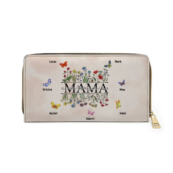 Mama We Love You - Personalized Gifts Custom Kids Name Wallet For Mom Grandma, Butterflies with Flowers Wallet