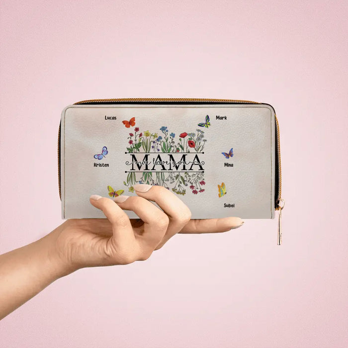 Mama We Love You - Personalized Gifts Custom Kids Name Wallet For Mom Grandma, Butterflies with Flowers Wallet