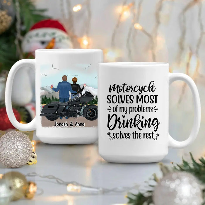 Motorcycle Solves Most of My Problems, Drinking Solves the Rest - Personalized Gifts Custom Motorcycle Mug for Couples, Motorcycle Lovers