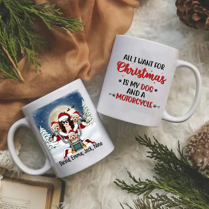 Personalized Mug, Motorcycle Woman With Dogs, Christmas Gift For Bikers And Dog Lovers