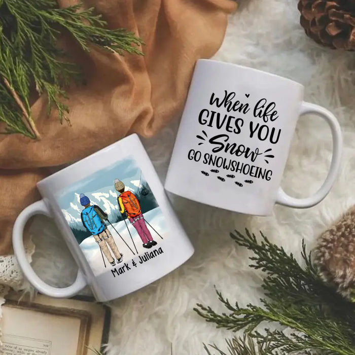 Personalized Mug, Snowshoeing Couple and Friends, Gift for Snowshoeing Lovers