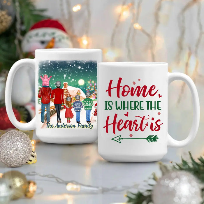 Personalized Ceramic Mug, Christmas Family Standing with Dog, Christmas Gift For Family and Dog Lovers