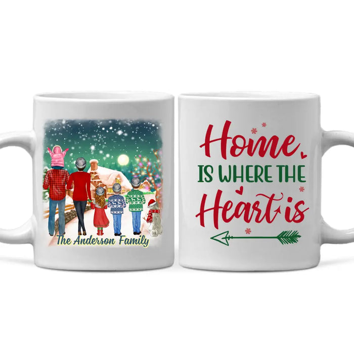 Personalized Ceramic Mug, Christmas Family Standing with Dog, Christmas Gift For Family and Dog Lovers