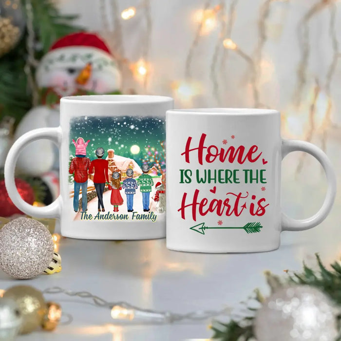 Personalized Ceramic Mug, Christmas Family Standing with Dog, Christmas Gift For Family and Dog Lovers