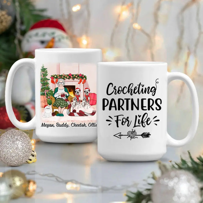 Personalized Mug, Up To 3 Pets, Crocheting Partners For Life, Chirtsmas Gift For Crocheting Lovers, Dog Lovers, Cat Lovers