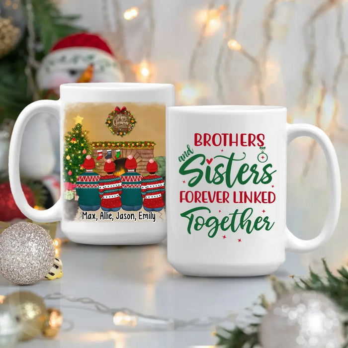 Personalized Mug, Up To 4 People, Brothers And Sisters Forever Linked Together, Christmas Gift For Family