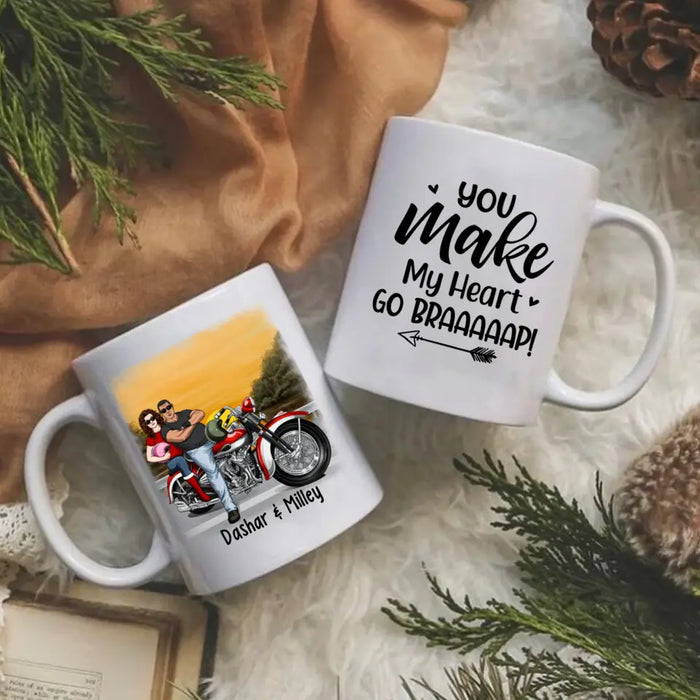 Personalized Mug, You Make My Heart Go Braaaaap - Motorcycle Couple Front View, Gift For Motorcycle Lovers