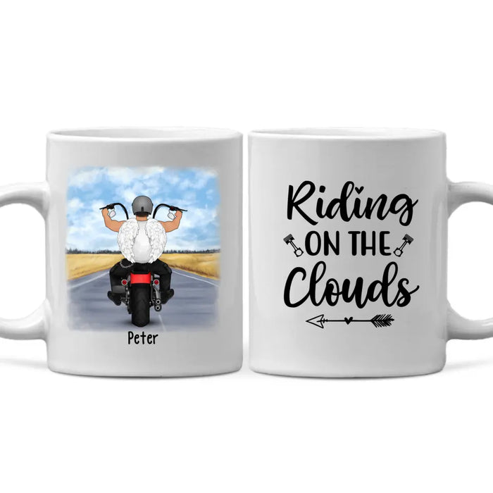 Personalized Mug, Angel Biker Riding On The Clouds, Memorial Gift For Motorcycle Lovers