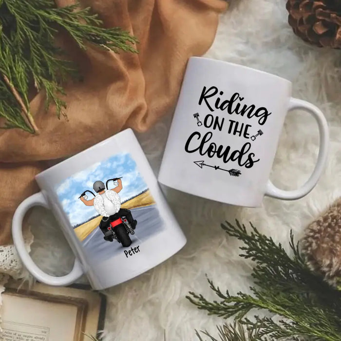 Personalized Mug, Angel Biker Riding On The Clouds, Memorial Gift For Motorcycle Lovers