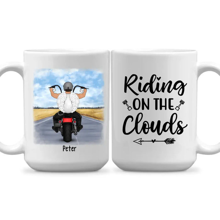 Personalized Mug, Angel Biker Riding On The Clouds, Memorial Gift For Motorcycle Lovers