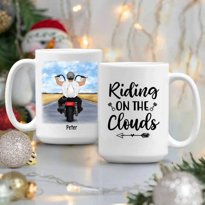 Personalized Mug, Angel Biker Riding On The Clouds, Memorial Gift For Motorcycle Lovers