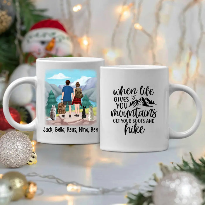 Personalized Mug, Hiking Couple With Dogs, Gift For Hikers And Dog Lovers