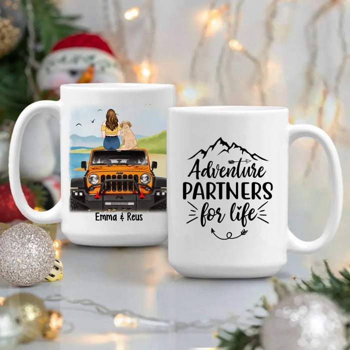 Personalized Mug, Girl With Pets Sitting On Car - Adventure Partners For Life, Gift For Car Lovers, Dog Lovers, Cat Lovers