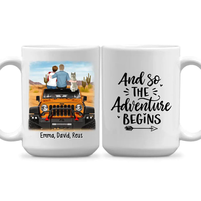 Personalized Mug, Couple With Pets Sitting On Car - And So The Adventure Begins, Gift For Couple, Car Lovers, Dog Lovers, Cat Lovers
