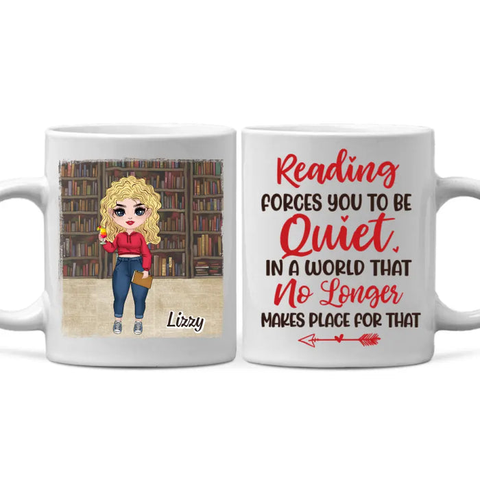 Personalized Mug, Gift For Book Lovers, Chibi Drinking With Books, Reading Forces You To Be Quiet