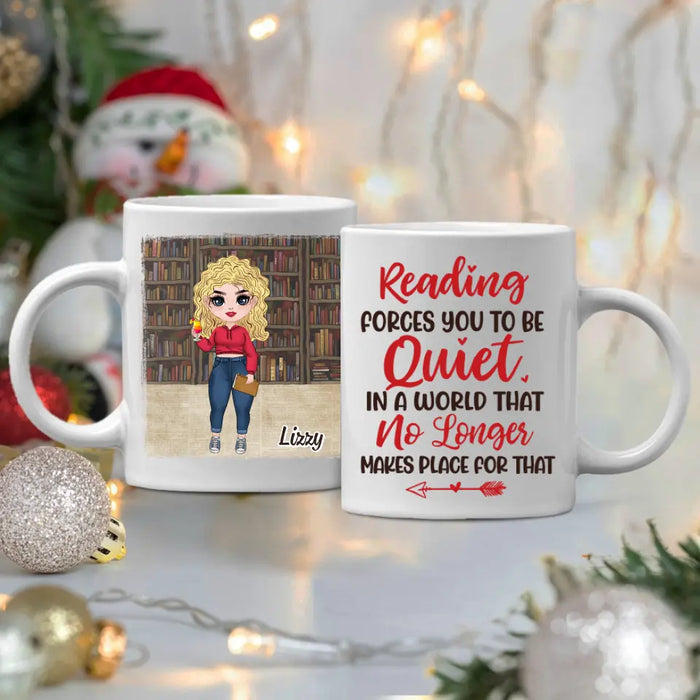 Personalized Mug, Gift For Book Lovers, Chibi Drinking With Books, Reading Forces You To Be Quiet