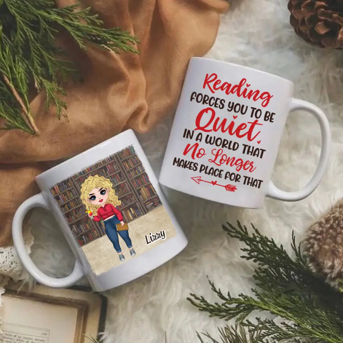 Personalized Mug, Gift For Book Lovers, Chibi Drinking With Books, Reading Forces You To Be Quiet