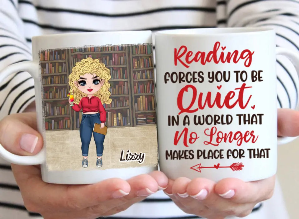 Personalized Mug, Gift For Book Lovers, Chibi Drinking With Books, Reading Forces You To Be Quiet