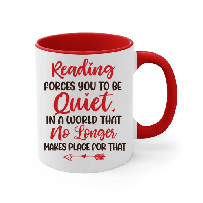 Personalized Mug, Gift For Book Lovers, Chibi Drinking With Books, Reading Forces You To Be Quiet