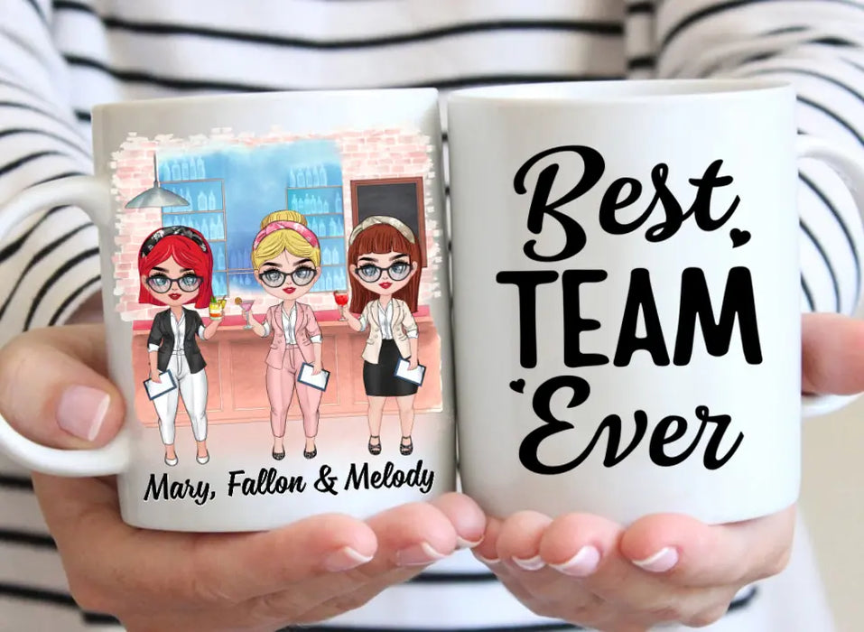 Personalized Mug, Up To 3 Women, Gift For Sisters, Friends, Colleagues, Best Team Ever, Chibi Coworkers At Cocktail Bar