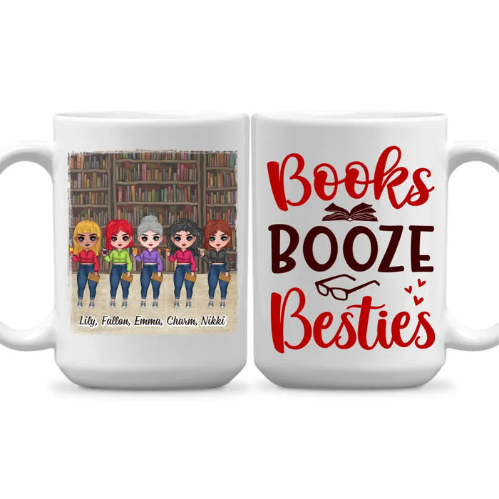 Up To 5 Girls Books Booze Besties - Personalized Mug For Friends, Book