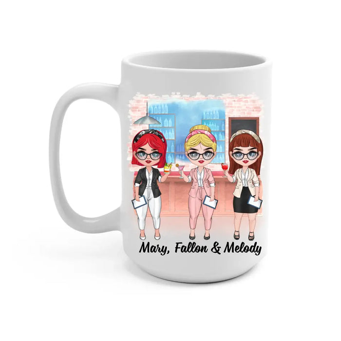 Personalized Mug, Up To 3 Women, Gift For Sisters, Friends, Colleagues, Best Team Ever, Chibi Coworkers At Cocktail Bar