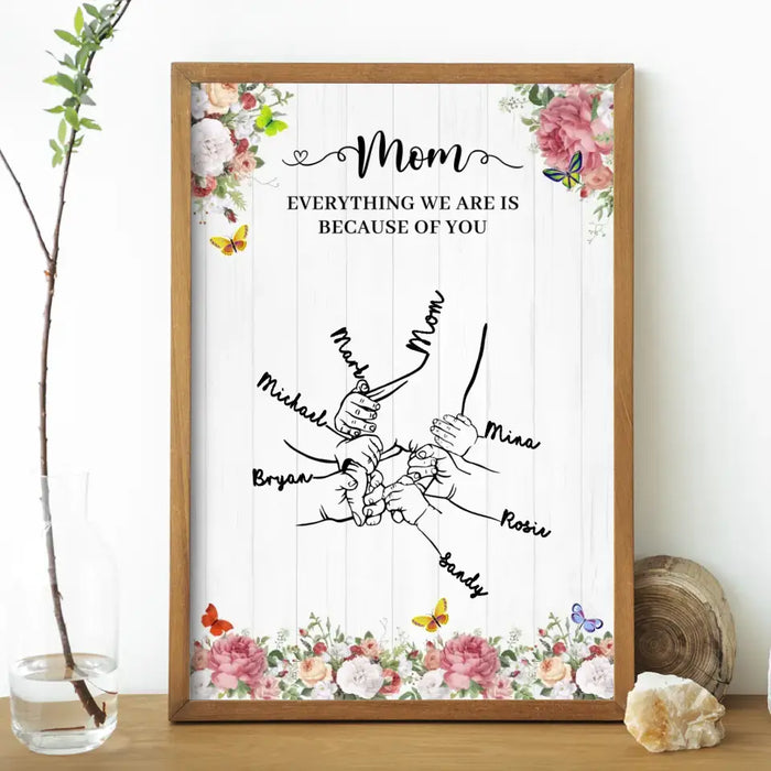 Mom Everything You Are Is Because Of You - Personalized Gifts Custom Holding Mom's Hand Poster for Mother, Mother's Day Gift
