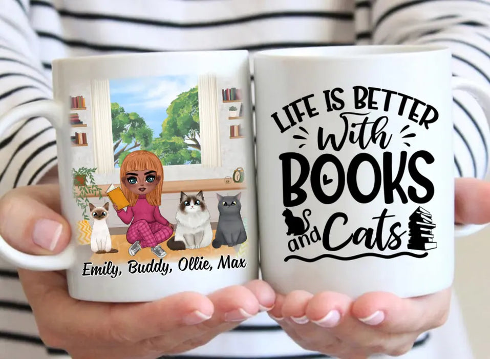 Up To 3 Cats Life Is Better With Books And Cats - Personalized Mug For Her, Cat Mom, Book