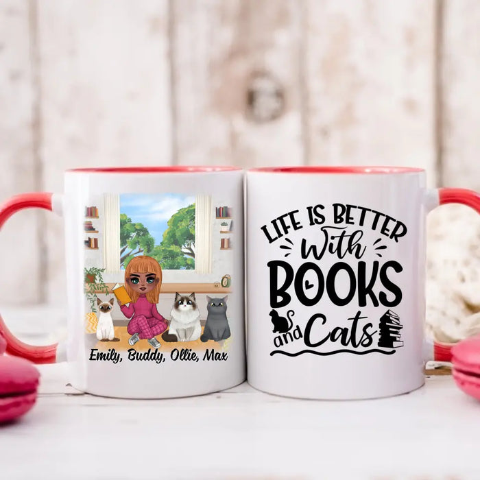 Up To 3 Cats Life Is Better With Books And Cats - Personalized Mug For Her, Cat Mom, Book