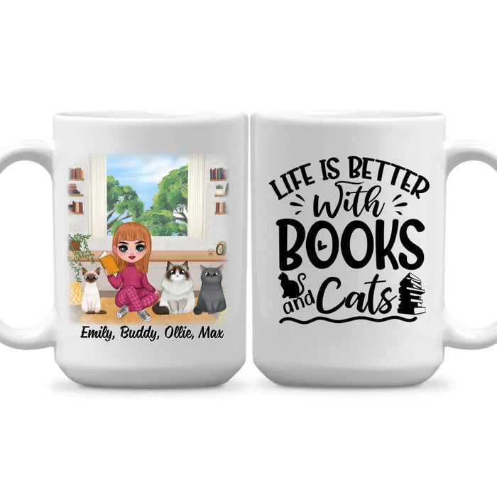 Up To 3 Cats Life Is Better With Books And Cats - Personalized Mug For Her, Cat Mom, Book