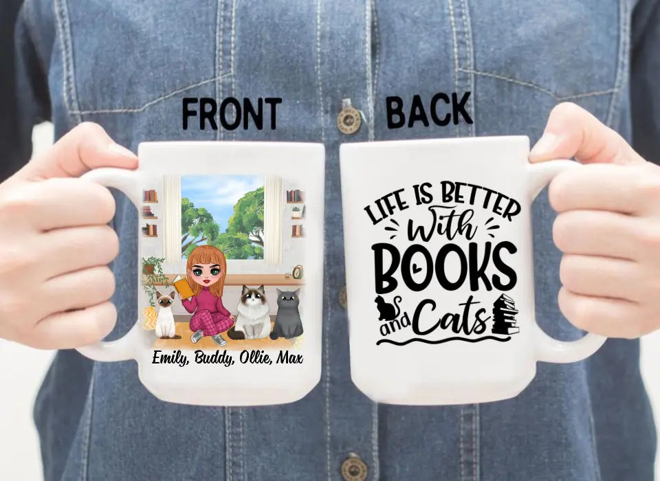 Up To 3 Cats Life Is Better With Books And Cats - Personalized Mug For Her, Cat Mom, Book