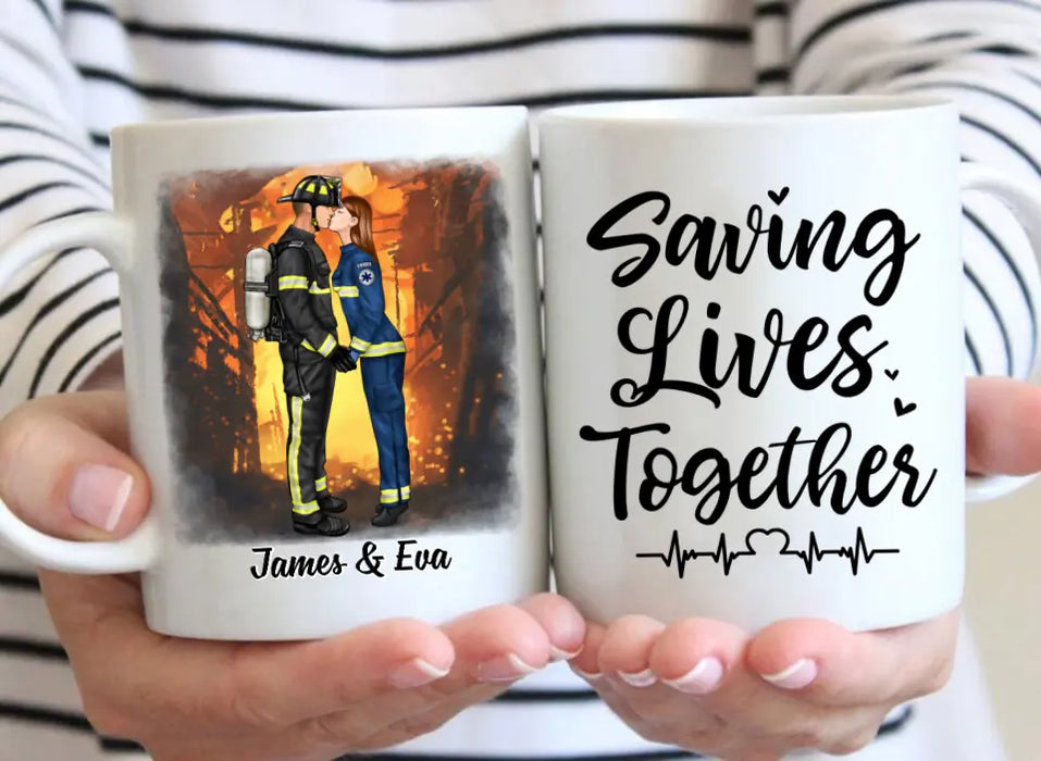 Saving Lives Kissing Couple - Personalized Mug Firefighter, EMS, Nurse, Police Officer, Military