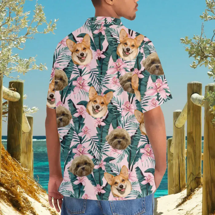 Custom Face Photo Upload Hawaiian Shirt, Hawaiian Shirt for Men, Tropical Pink Hibiscus Dog Hawaiian Shirt