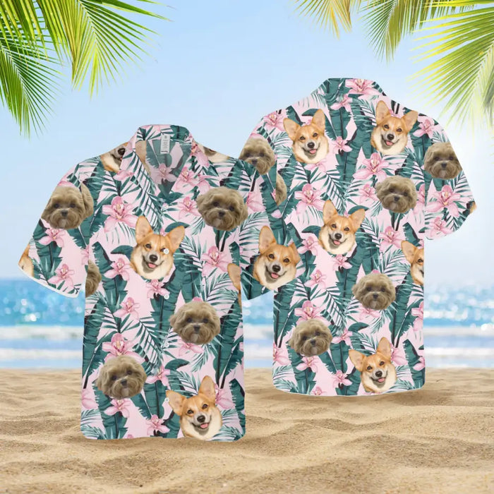 Custom Face Photo Upload Hawaiian Shirt, Hawaiian Shirt for Men, Tropical Pink Hibiscus Dog Hawaiian Shirt