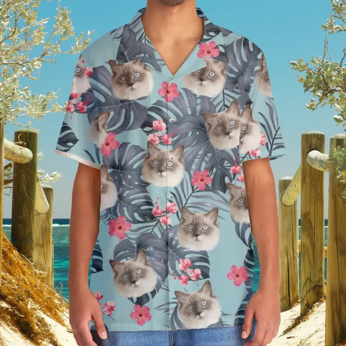Custom Face Photo Upload Hawaiian Shirt, Hawaiian Shirt for Men, Tropical Flower Pink Hibiscus Monstera Leaves Cat Hawaiian Shirt