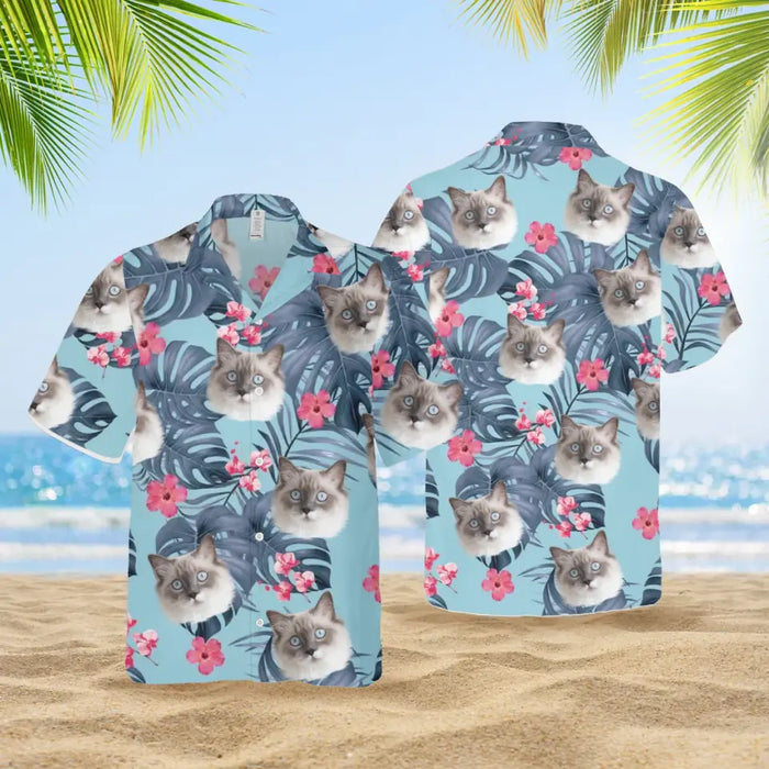 Custom Face Photo Upload Hawaiian Shirt, Hawaiian Shirt for Men, Tropical Flower Pink Hibiscus Monstera Leaves Cat Hawaiian Shirt