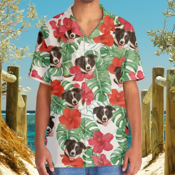 Custom Face Photo Upload Hawaiian Shirt, Hawaiian Shirt for Men, Tropical Red Hibiscus Dog Hawaiian Shirt