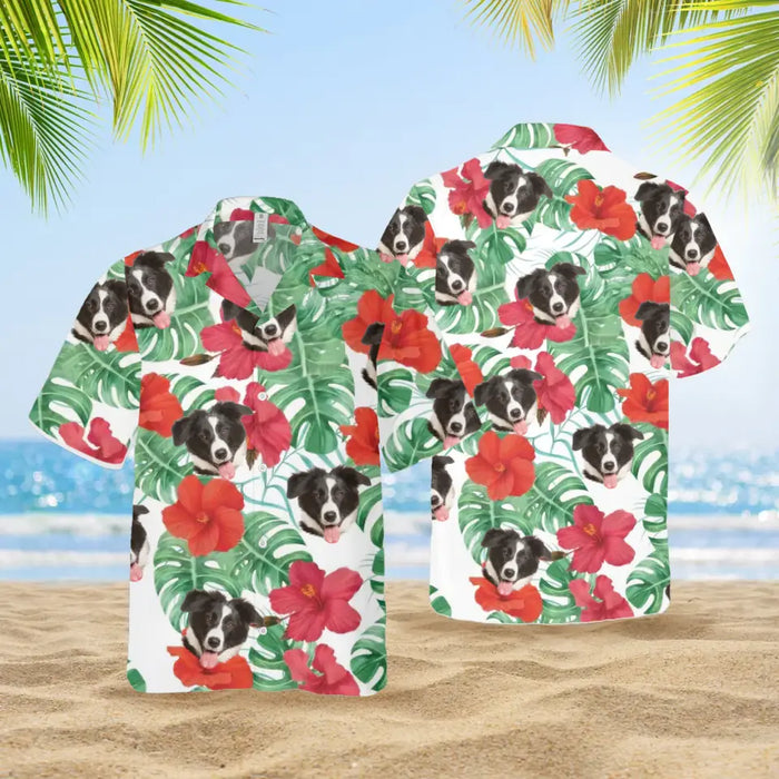 Custom Face Photo Upload Hawaiian Shirt, Hawaiian Shirt for Men, Tropical Red Hibiscus Dog Hawaiian Shirt
