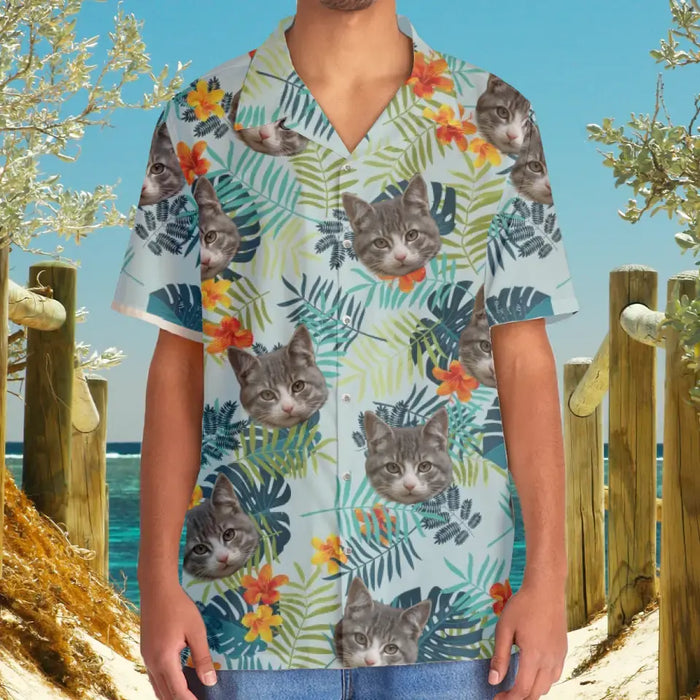 Custom Face Photo Upload Hawaiian Shirt, Hawaiian Shirt for Men, Tropical Palm Leaves Cat Hawaiian Shirt
