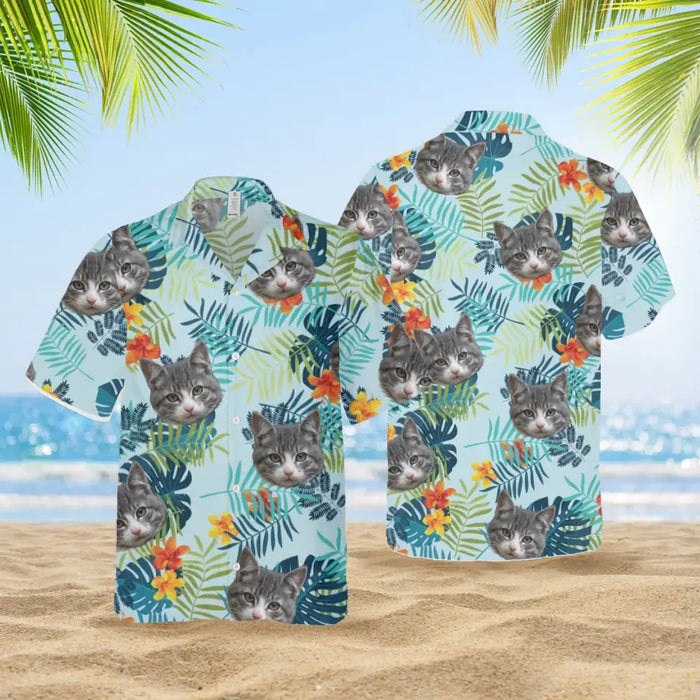 Custom Face Photo Upload Hawaiian Shirt, Hawaiian Shirt for Men, Tropical Palm Leaves Cat Hawaiian Shirt