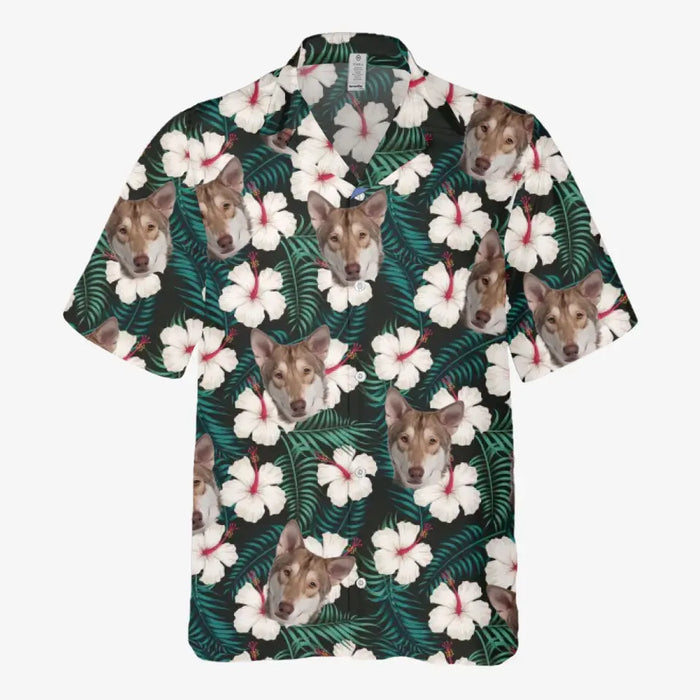 Custom Face Photo Upload Hawaiian Shirt, Hawaiian Shirt for Men, Tropical White Hibiscus Dog Hawaiian Shirt