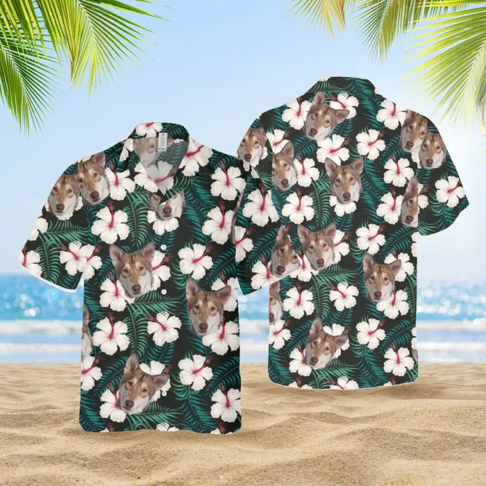 Custom Face Photo Upload Hawaiian Shirt, Hawaiian Shirt for Men, Tropical White Hibiscus Dog Hawaiian Shirt